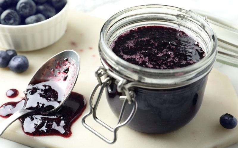 Jar,Of,Blueberry,Jam,And,Fresh,Berries,On,Table,,Closeup